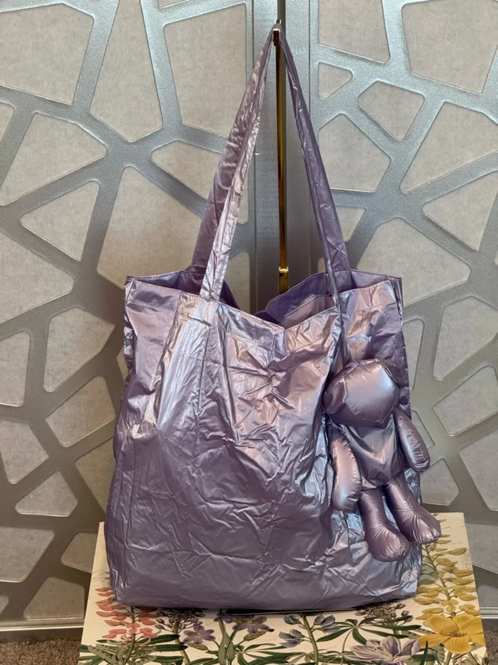 New Arrivals! Metallic Lavender Tote Bag with Bear 🐻 Charm 2 in 1 Bag
